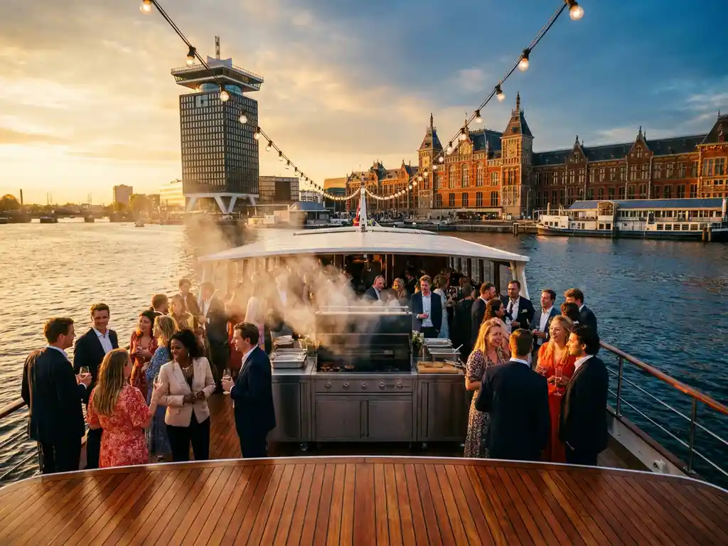 Luxury BBQ boat cruising Amsterdam's IJ waterway at golden hour, guests gathered around a grill with A'DAM Tower and Central Station in the background.