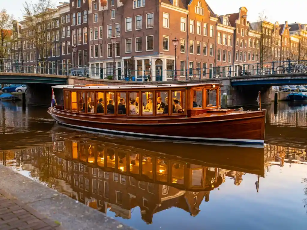 1910 Dutch salon tjalk with polished iroko hull gliding Amsterdam's golden-hour canals, guests dining inside glazed windows, historic gabled facades reflected in still water.