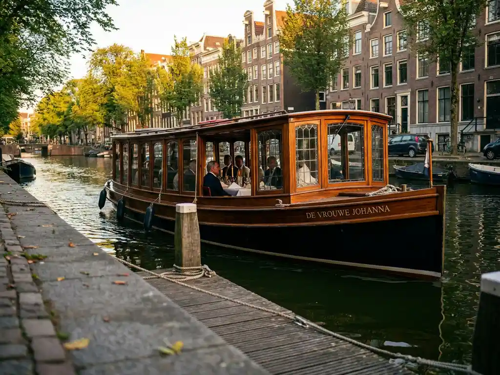 Dutch salon tjalk gliding through Amsterdam canals at golden hour, polished iroko wood hull mirroring historic gabled facades, guests dining inside glazed salon windows.