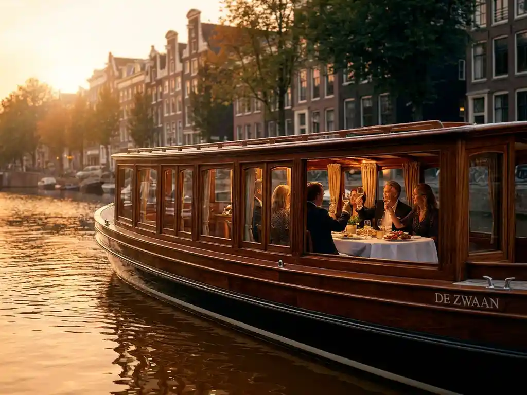 1910 Dutch salon tjalk gliding Amsterdam's golden-hour canals, polished iroko hull reflecting gabled facades in calm amber water.