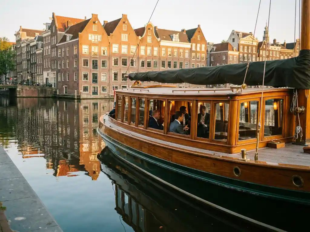 1910 Dutch salon tjalk with polished iroko hull sailing Amsterdam's canals at golden hour, business guests visible through glazed salon windows, historic gabled houses reflected in calm water.