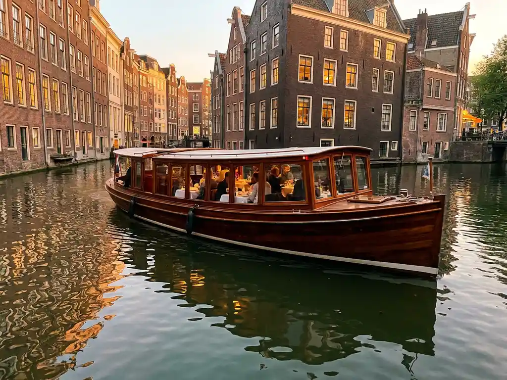 1910 Dutch salon tjalk with polished iroko hull cruising Amsterdam canals at golden hour, guests dining inside glazed windows amid historic gabled reflections.