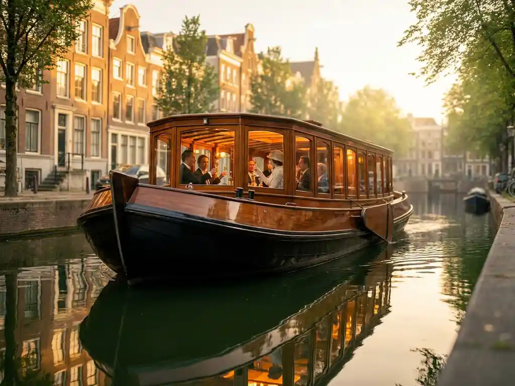 1910 Dutch salon tjalk with polished iroko hull sailing Amsterdam canals at golden hour, guests with champagne visible through glazed windows.