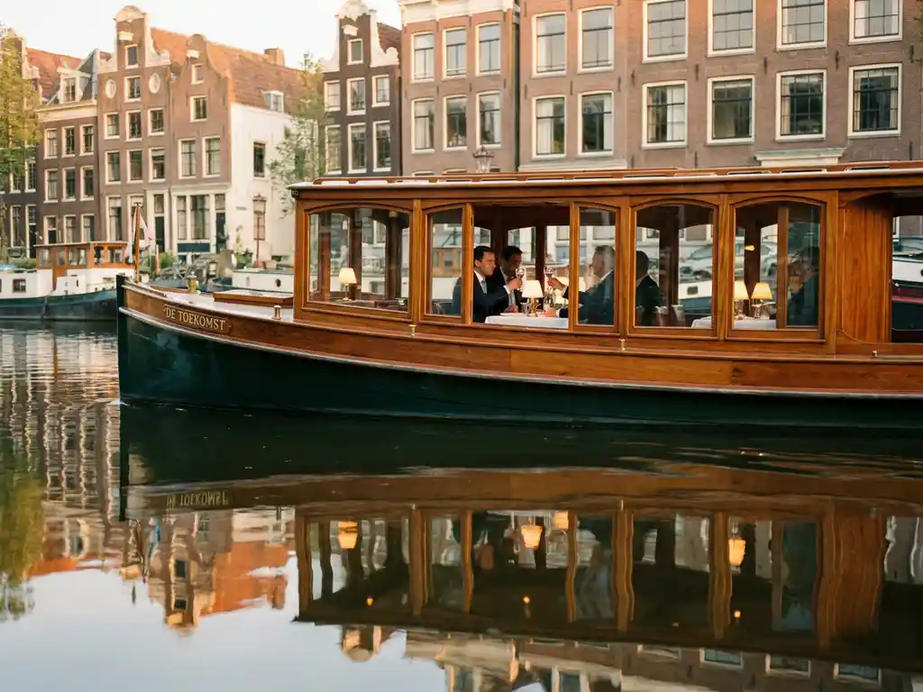 1910 Dutch salon tjalk with polished iroko hull sailing Amsterdam's canals at golden hour, guests dining inside glazed windows beside gabled merchant houses.