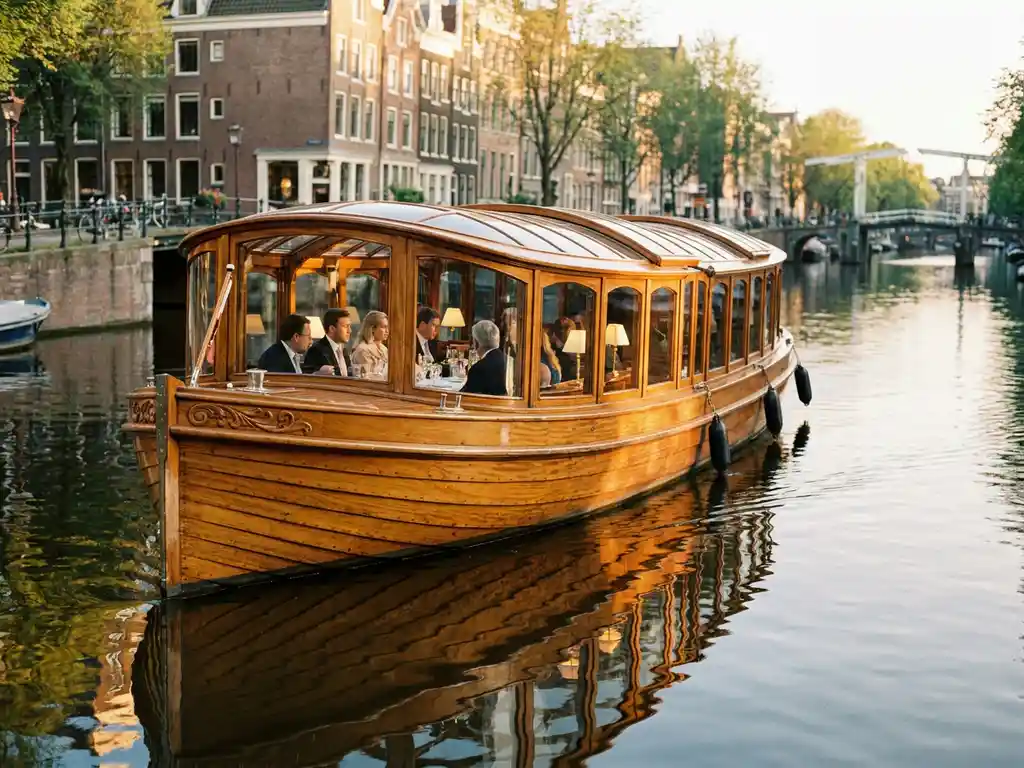 1910 Dutch salon tjalk with polished iroko wood hull cruising Amsterdam's canals at golden hour, guests dining inside glazed windows, gabled facades reflected in calm water.
