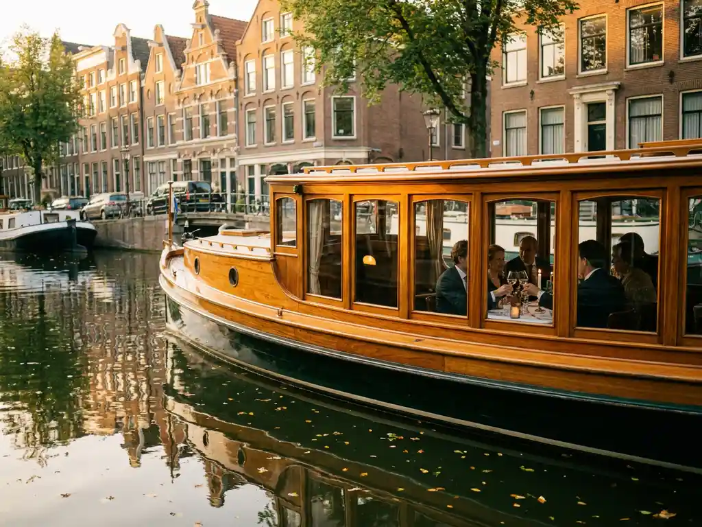 1910 Dutch salon tjalk with polished iroko hull gliding through Amsterdam canal, guests dining inside, golden-brick gabled facades reflected in still water.
