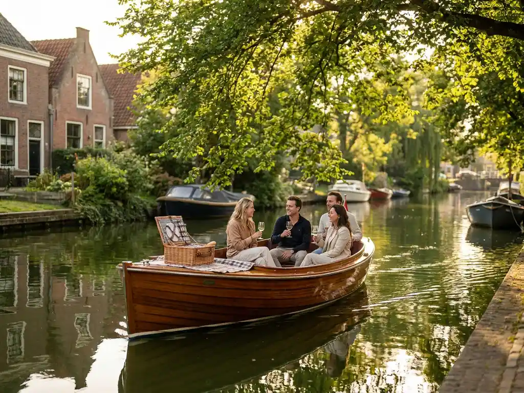 Electric sloop gliding through Amsterdam canal at golden hour, friends enjoying wine and picnic amid historic gabled facades and overhanging trees.