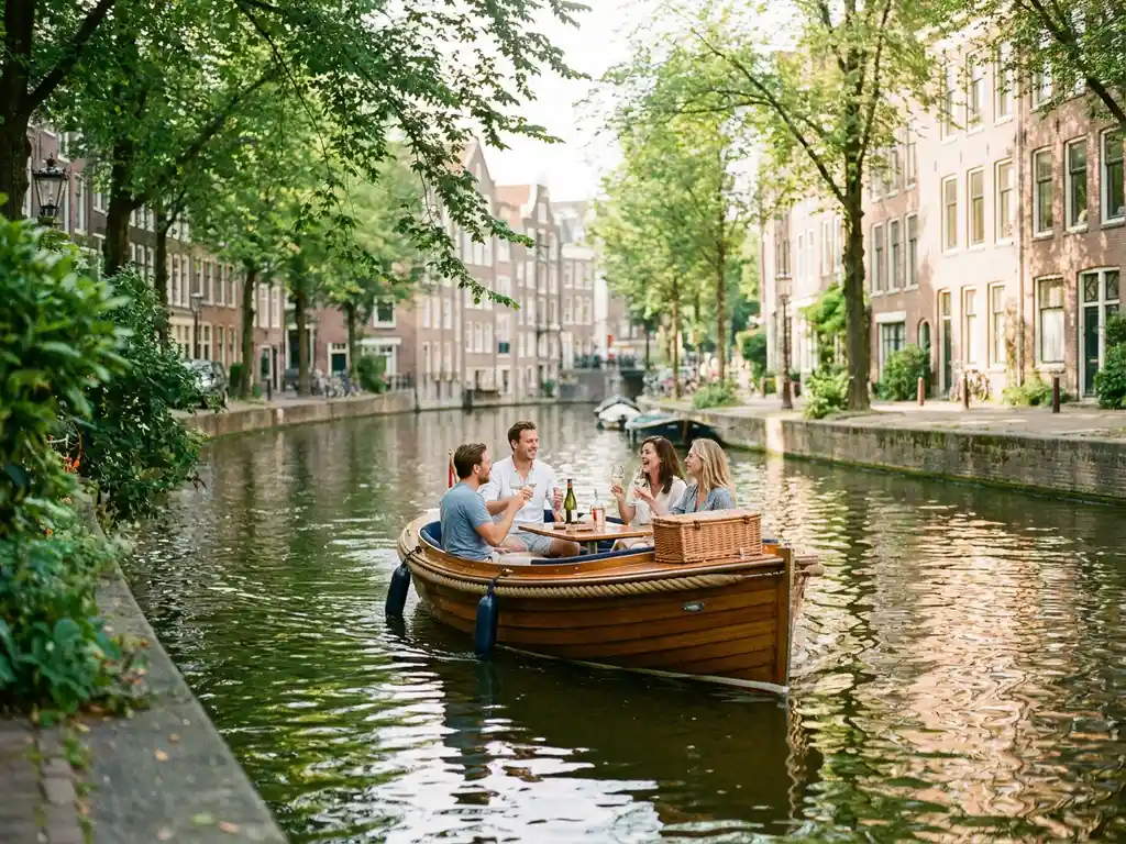 Friends laughing with wine and a picnic basket on a small electric sloop cruising a sun-drenched Amsterdam canal lined with Dutch gabled facades.