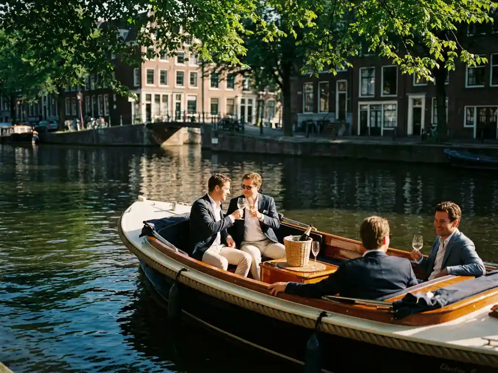 Electric sloop gliding through Amsterdam canal in summer, passengers relaxing with drinks, dappled shade from overhanging trees, gabled facades reflected in calm water.