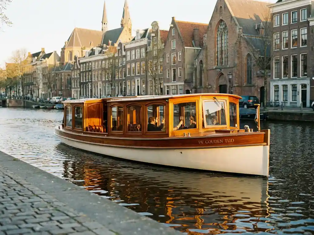 Luxury salon boat with polished iroko wood hull gliding through Amsterdam's historic canal, golden reflections of gabled facades shimmering on calm water.