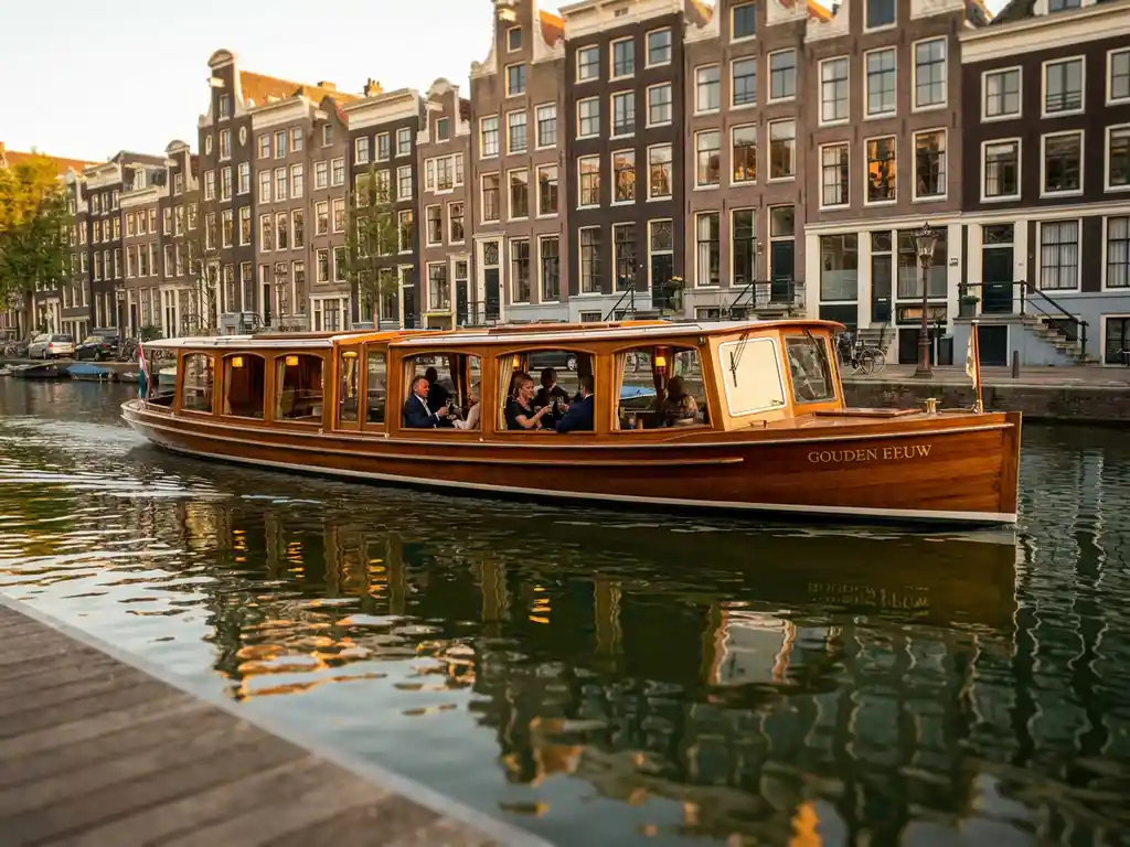 Luxury Dutch salon boat with polished iroko wood gliding past Amsterdam's Prinsengracht canal at golden hour, 17th-century gabled facades reflected in calm water.
