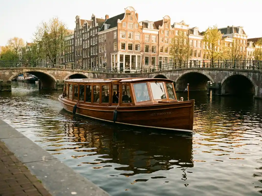 Dutch salon tjalk gliding through Amsterdam canal at golden hour, polished iroko hull reflecting in calm water beside historic gabled facades.