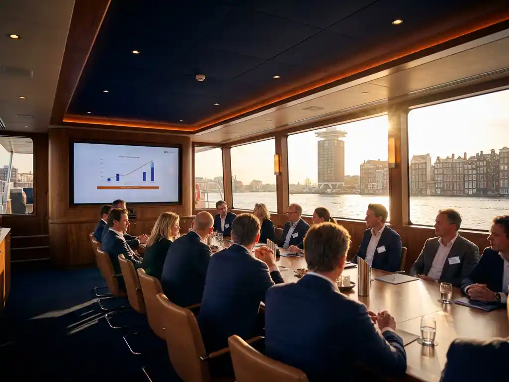 Business guests at a conference table aboard a luxury Amsterdam canal vessel, with A'DAM Tower visible through panoramic windows at golden hour.