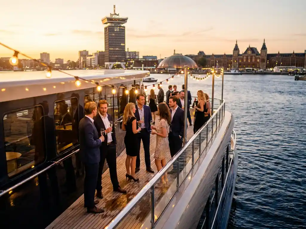 Luxury event boat on Amsterdam's IJ waterway with elegantly dressed guests holding champagne at a business reception, A'DAM Tower visible at golden hour.
