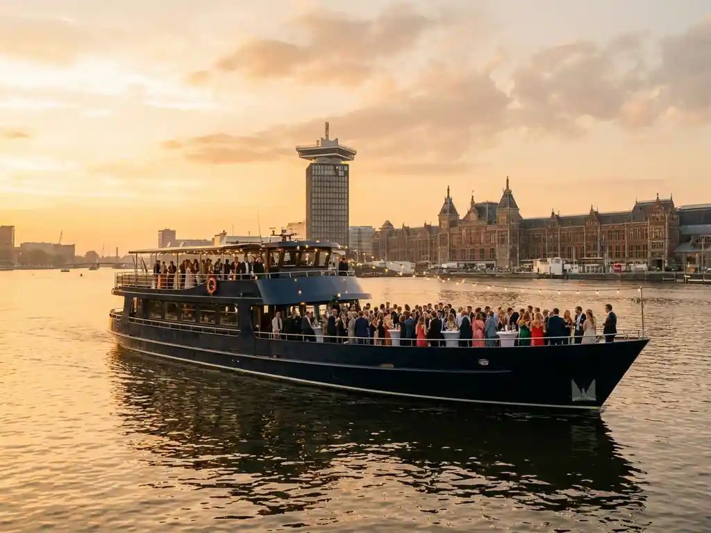 Luxury event vessel on Amsterdam's IJ waterway at golden hour, guests on open deck, A'DAM Tower and Central Station in background.