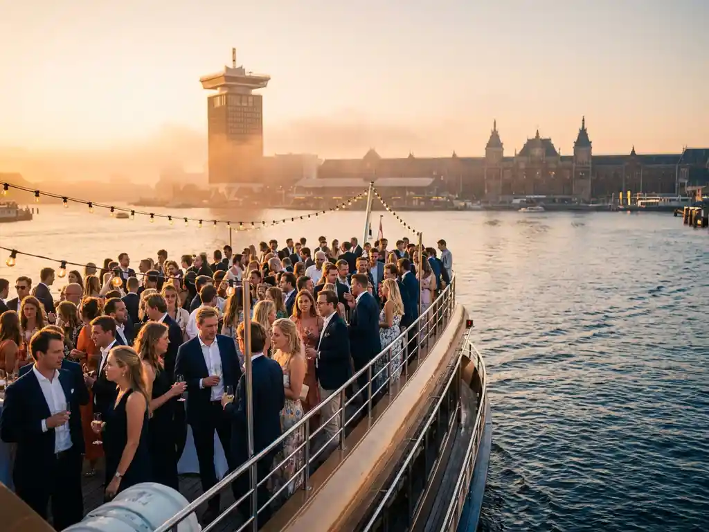 Luxury event vessel cruising Amsterdam's IJ waterway at golden hour, elegantly dressed guests on open deck with A'DAM Tower skyline reflected below.