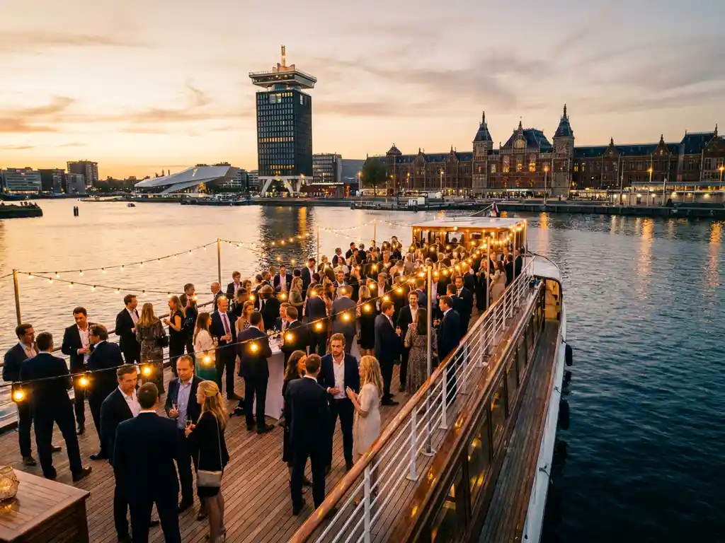 Luxury event boat cruising Amsterdam's IJ waterway at golden hour with corporate guests on the upper deck, A'DAM Tower and Central Station in the skyline.