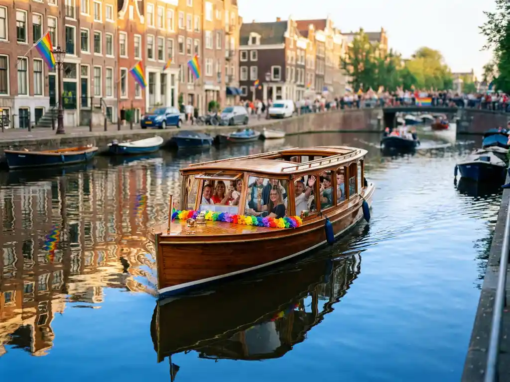 Luxury salonboot with rainbow flower decorations cruising Amsterdam's canals during Pride, historic gabled facades and rainbow flags reflected in calm water.