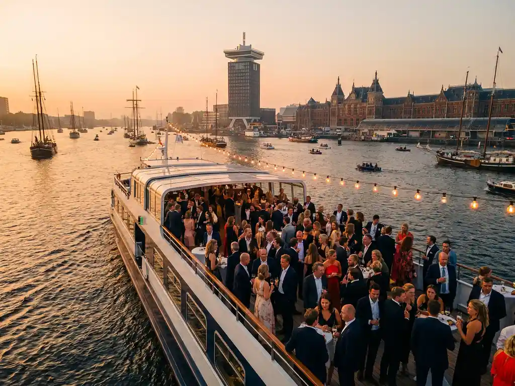 Luxury event vessel sailing Amsterdam's IJ waterway during Sail, guests on open deck at golden hour with A'DAM Tower and Central Station skyline.