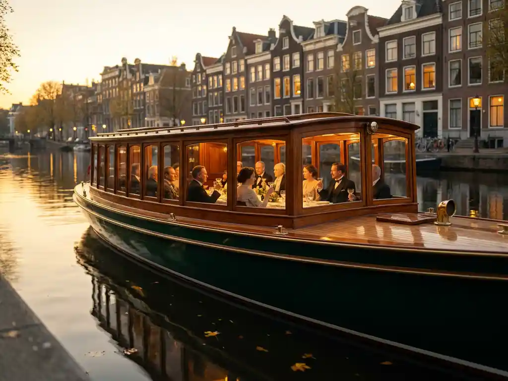 1910 Dutch salon tjalk with polished iroko hull sailing Amsterdam's golden-hour canals past amber-lit gabled facades.