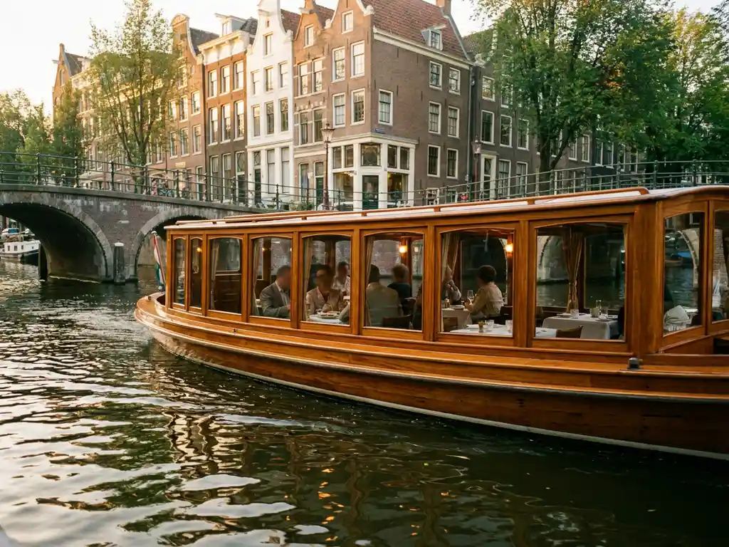 Classic 1910 Dutch salon tjalk with polished iroko hull gliding through Amsterdam's historic canals at golden hour, guests dining inside.