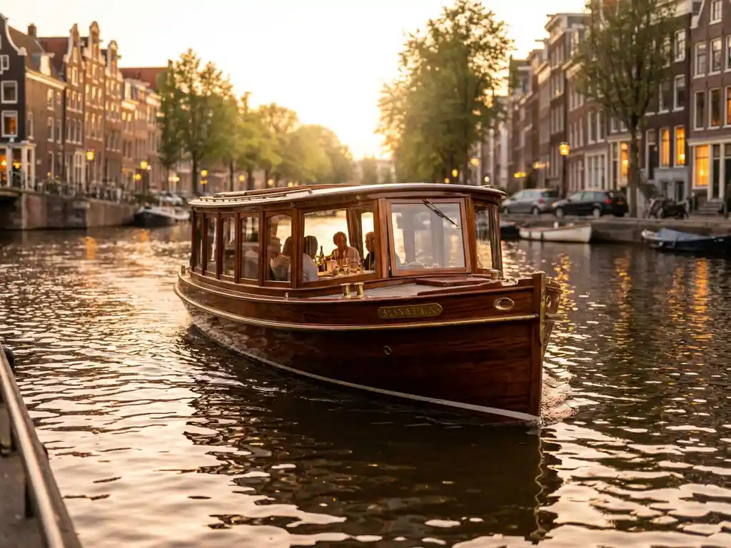 1910 Dutch salon tjalk with polished iroko hull gliding Amsterdam's canals at golden hour, guests dining inside glazed salon windows.