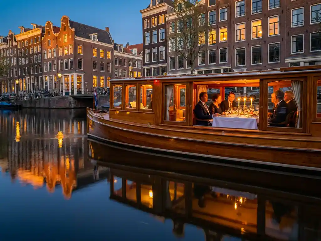 1910 Dutch salon tjalk with polished iroko wood sailing Amsterdam's candlelit canals at golden hour, guests dining inside glazed windows.