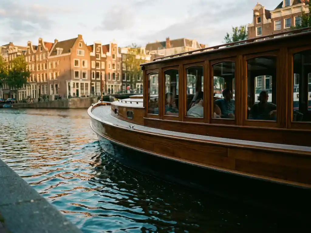 Classic 1910 Dutch salon tjalk with polished iroko wood hull cruising Amsterdam's canal at golden hour, historic gabled facades reflected in calm water.