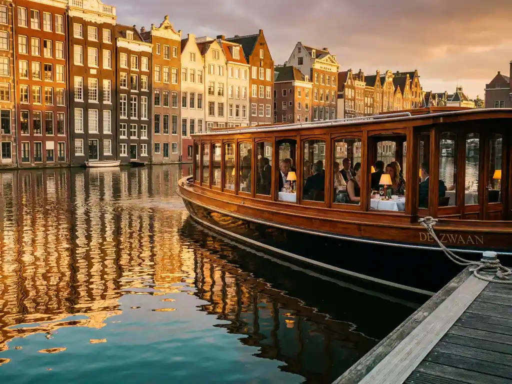 1910 Dutch salon tjalk with polished iroko hull sailing Amsterdam's historic canals at golden hour, guests dining inside glazed windows.