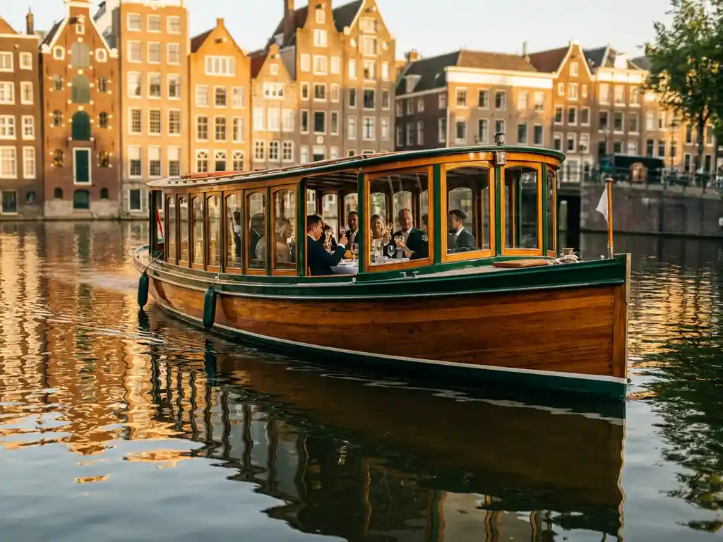 Classic 1910 Dutch salon tjalk with polished iroko hull gliding through Amsterdam's amber-lit canals, guests dining inside glazed salon windows.