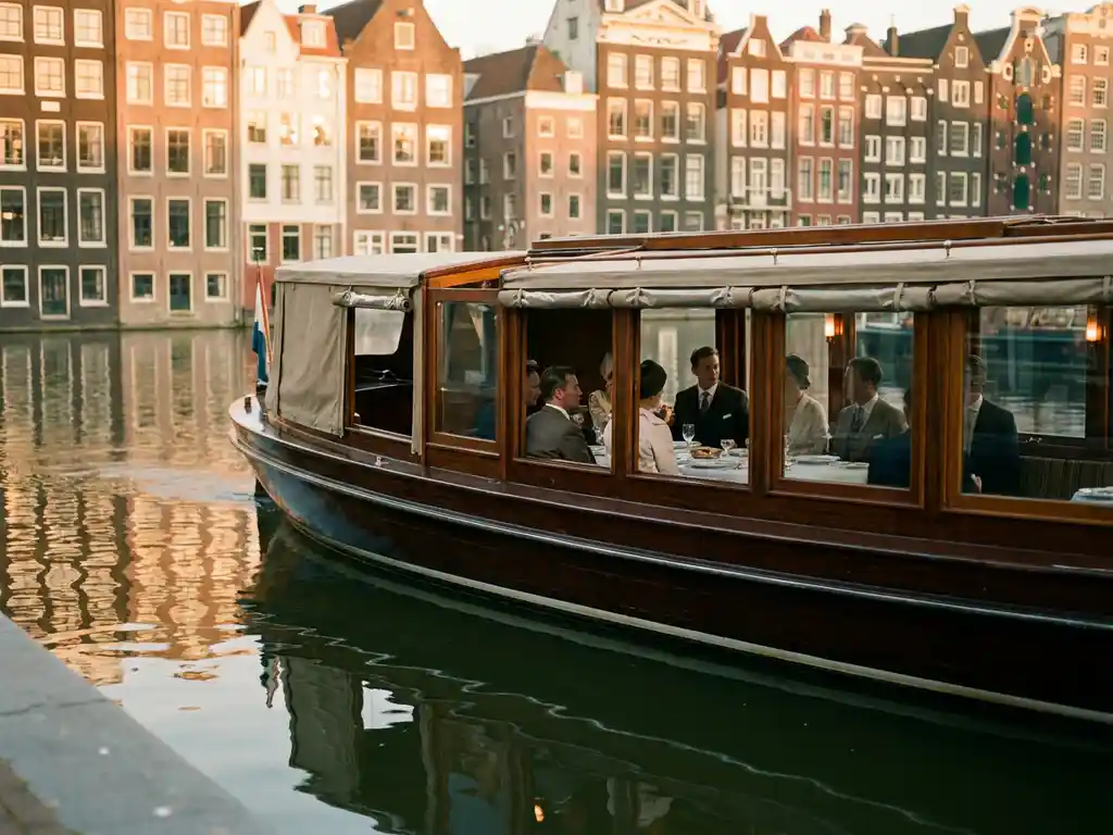 1910 Dutch salon tjalk gliding through Amsterdam canals at golden hour, polished iroko hull reflected in still water, guests dining inside glazed windows.