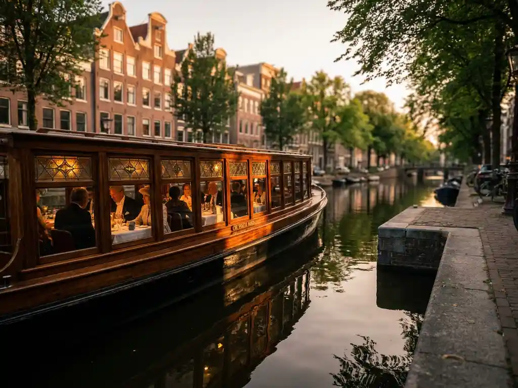 1910 Dutch salon tjalk with polished iroko hull cruising Amsterdam canal at golden hour, guests dining inside, red-brick gabled facades reflected in still water.