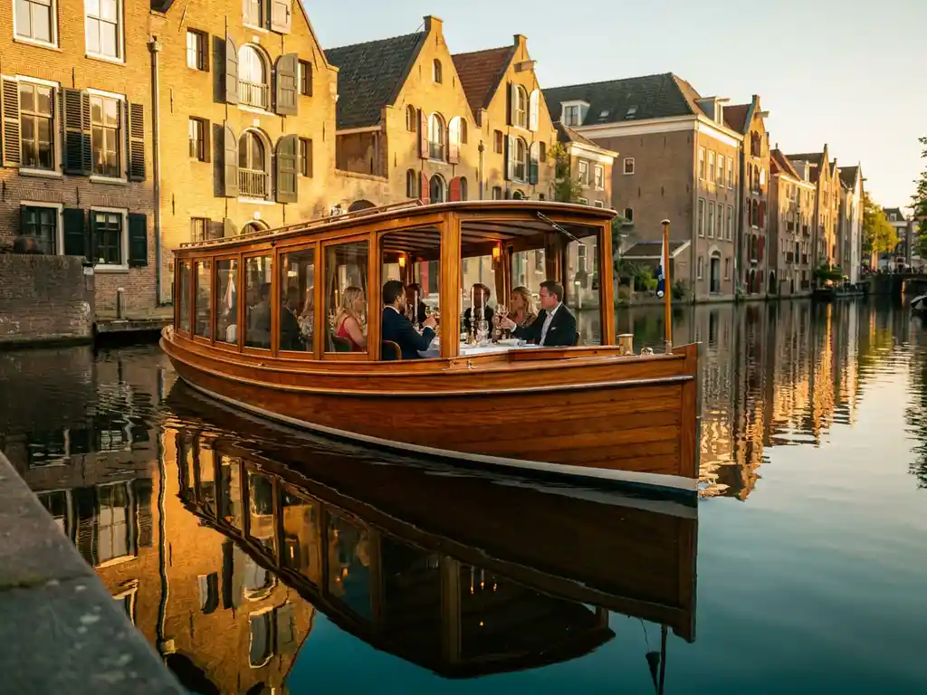 1910 Dutch salon tjalk with polished iroko hull gliding through Amsterdam canals at golden hour, guests dining inside glazed windows, gabled facades reflected in calm water.