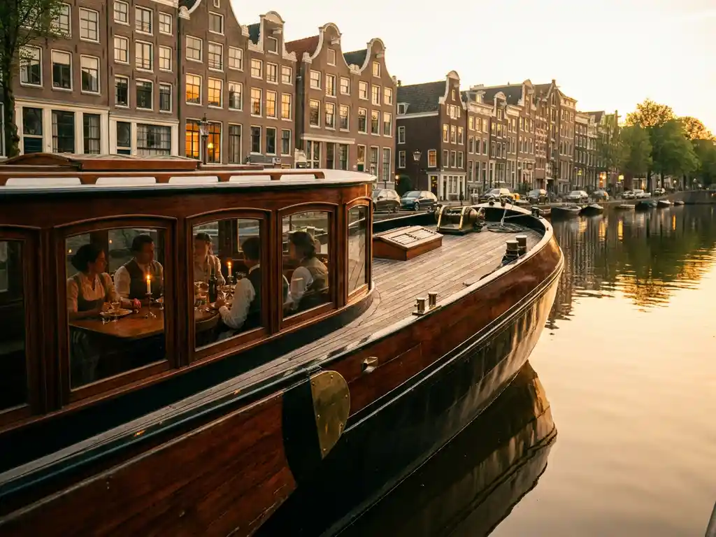 1910 Dutch salon tjalk gliding through Amsterdam canals at golden hour, guests dining inside glazed windows, gabled facades reflecting in still amber water.