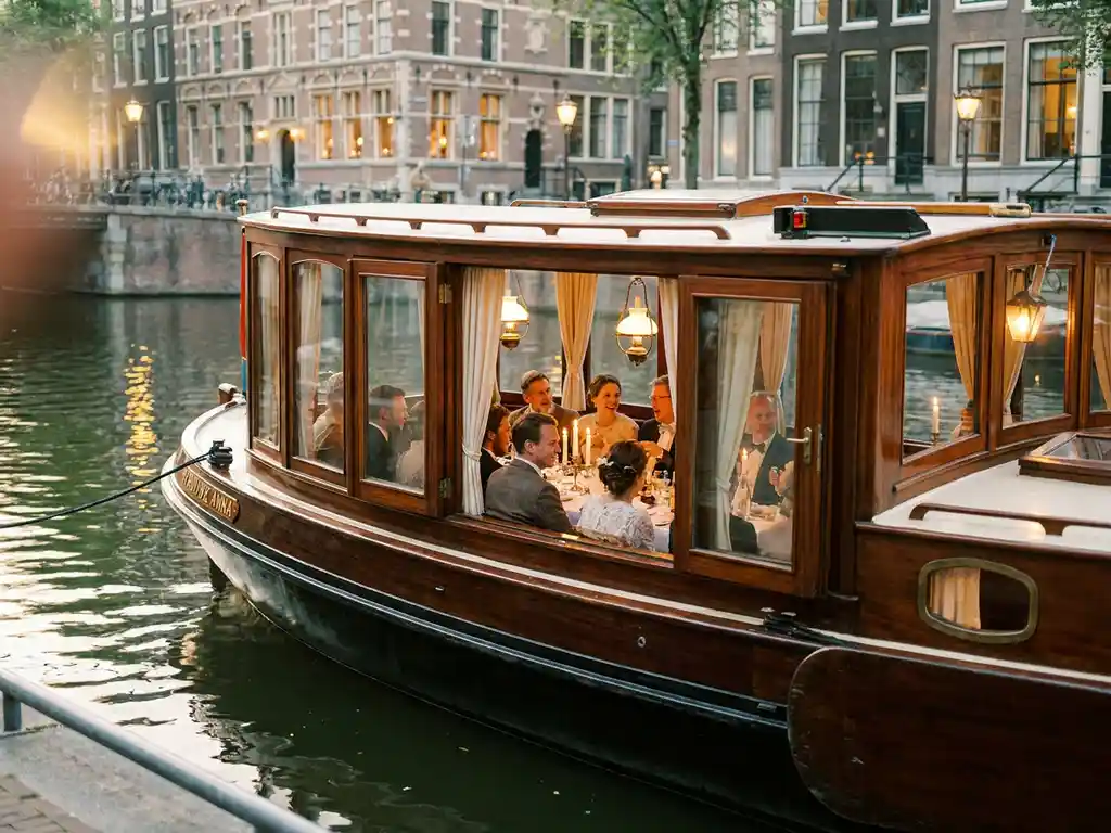 1910 Dutch salon tjalk with polished iroko wood on an Amsterdam canal at golden hour, guests dining inside by candlelight as warm amber light reflects on the water.