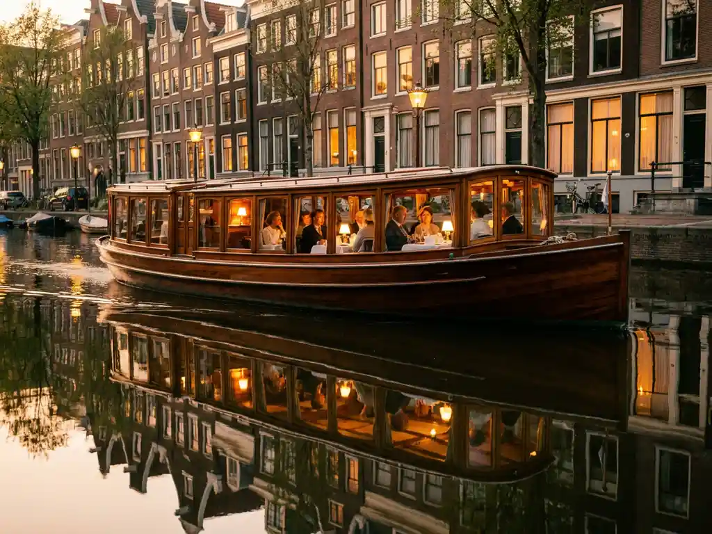 1910 Dutch salon tjalk with polished iroko hull gliding through Amsterdam's calm canals at golden hour, guests dining inside glazed windows.