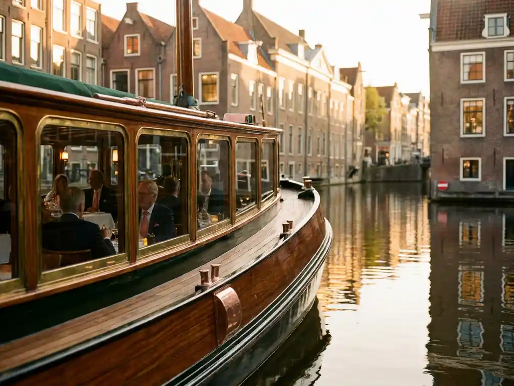 1910 Dutch salon tjalk with polished iroko hull sailing Amsterdam's canals at golden hour, guests dining inside, historic gabled facades reflected in amber water.