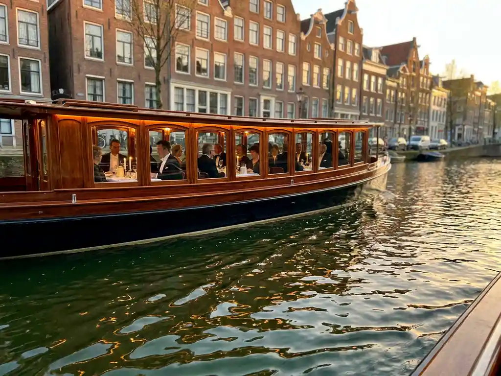 1910 Dutch salon tjalk with polished iroko hull cruising Amsterdam's canals at golden hour, guests dining inside as gabled facades reflect in the water.