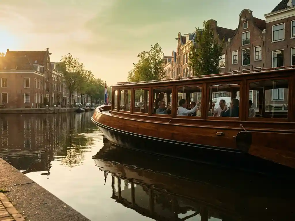 1910 Dutch salon tjalk gliding through Amsterdam canals at golden hour, polished iroko hull reflecting historic gabled facades in glassy water.