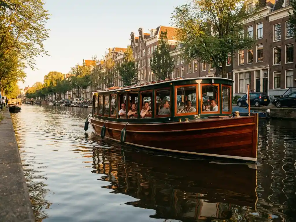 Dutch salon tjalk boat with polished iroko hull gliding through an Amsterdam canal at golden hour, historic gabled facades reflected in glassy water.
