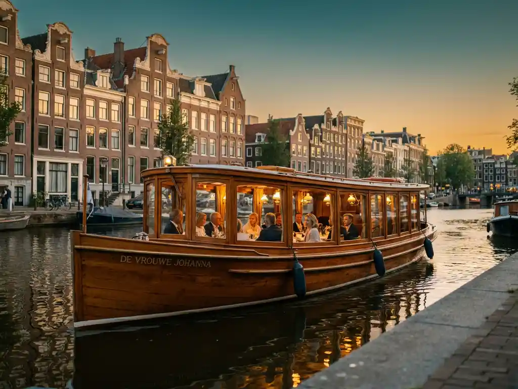 Classic 1910 Dutch salon tjalk gliding Amsterdam's golden-hour canals, polished iroko hull reflecting still water, historic gabled facades lining the banks.