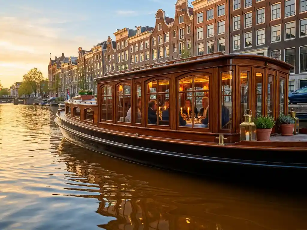 1910 Dutch salon tjalk with polished iroko hull sailing Amsterdam's golden-hour canals, guests dining inside glazed windows, historic gabled facades reflected in amber water.