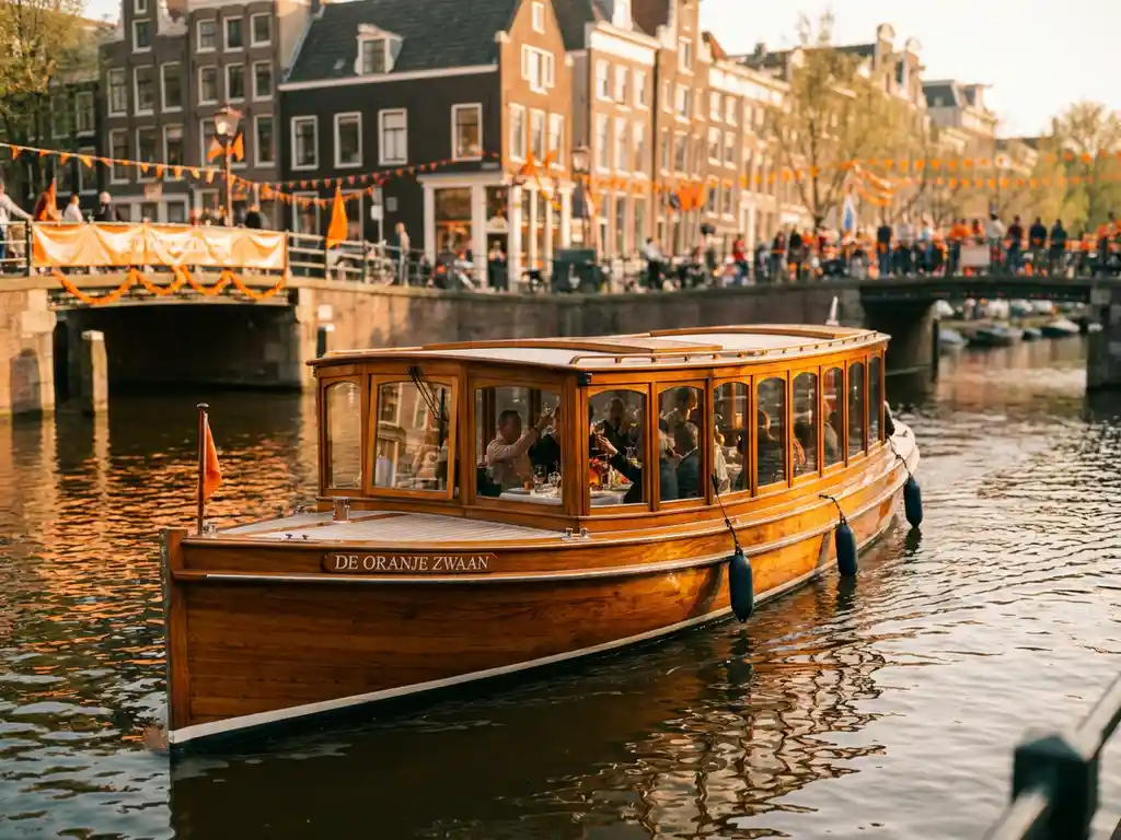 1910 Dutch salon tjalk sailing Amsterdam's Keizersgracht canal on King's Day, polished iroko hull reflected in orange-festooned water beside historic gabled houses.