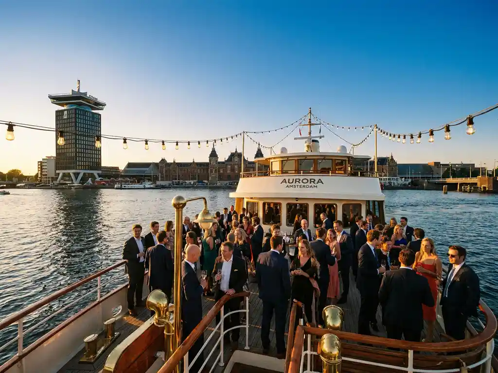 Luxury event boat cruising Amsterdam's IJ waterway at golden hour, guests in elegant attire on open deck with string lights, A'DAM Tower in background.
