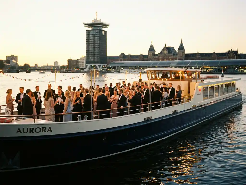Luxury event boat cruising Amsterdam's IJ waterway at golden hour, elegantly dressed guests on open deck with champagne, A'DAM Tower on horizon.