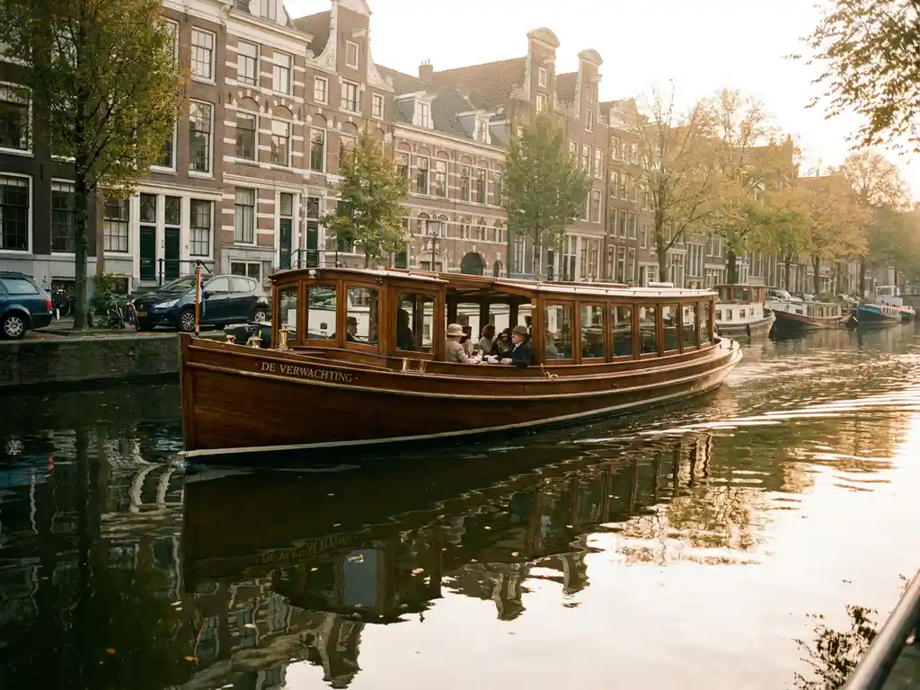 1910 Dutch salon tjalk gliding through Amsterdam canals at golden hour, polished iroko hull reflecting historic gabled facades.