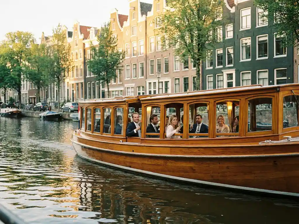 1910 Dutch salon tjalk with polished iroko hull cruising Amsterdam canals, guests visible through glazed windows, historic gabled facades reflected in water.