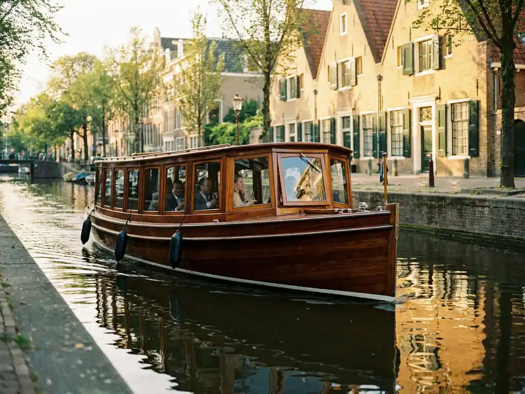 Dutch salon tjalk canal boat with polished iroko hull gliding past Amsterdam's golden-brick gabled houses at golden hour.