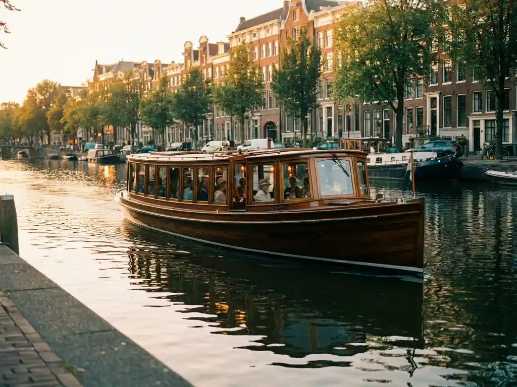 1910 Dutch salon tjalk with polished iroko hull cruising Amsterdam's canals at golden hour, historic gabled facades reflected in calm water.