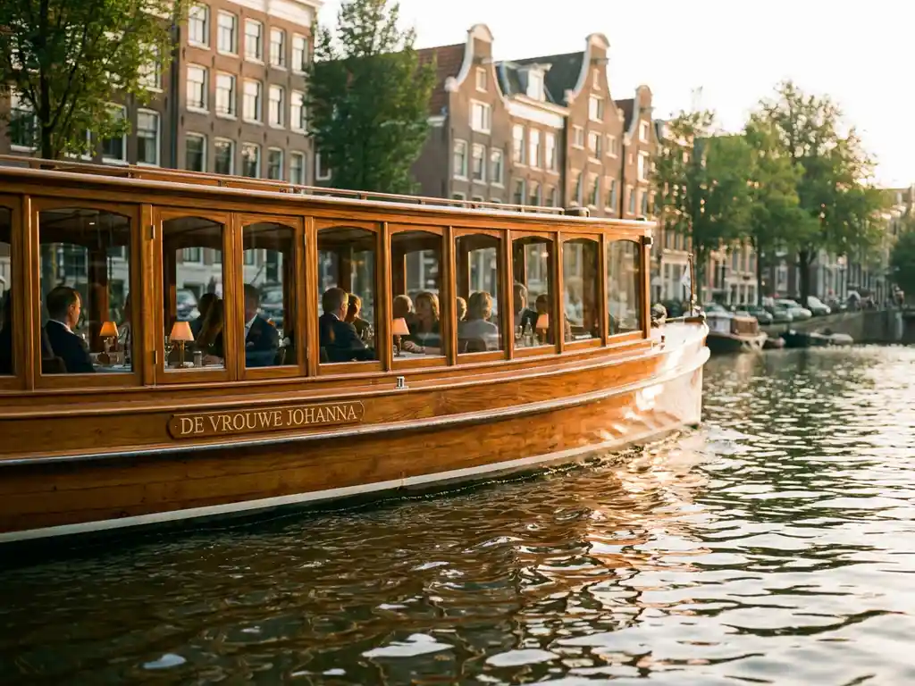 Classic 1910 Dutch salon tjalk with polished iroko wood gliding Amsterdam's golden-hour canals, guests dining inside glazed windows, historic gabled facades reflected in water.